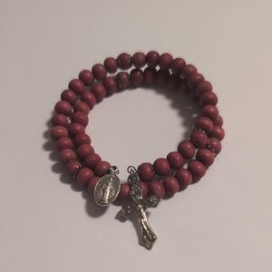 Elegant Dark Pink Beaded Bracelet with Silver‎ Catholic Cross Charms